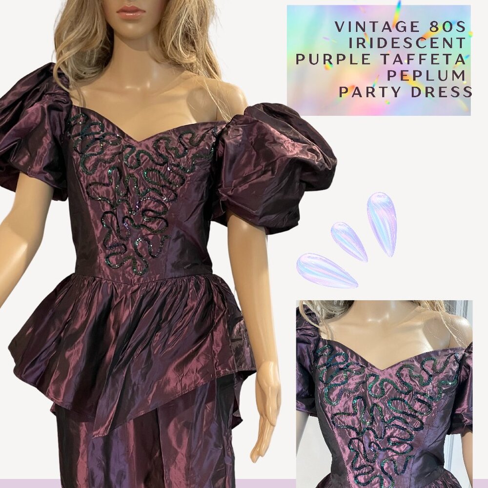 Vintage 80s Iridescent Purple Taffeta Peplum Party Dress / Witchy Glam Prom S/M